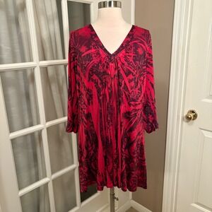 Energé‎ 1X Red Black Abstract Tunic Top Rhinestone Neck Stretch Knit Blouse